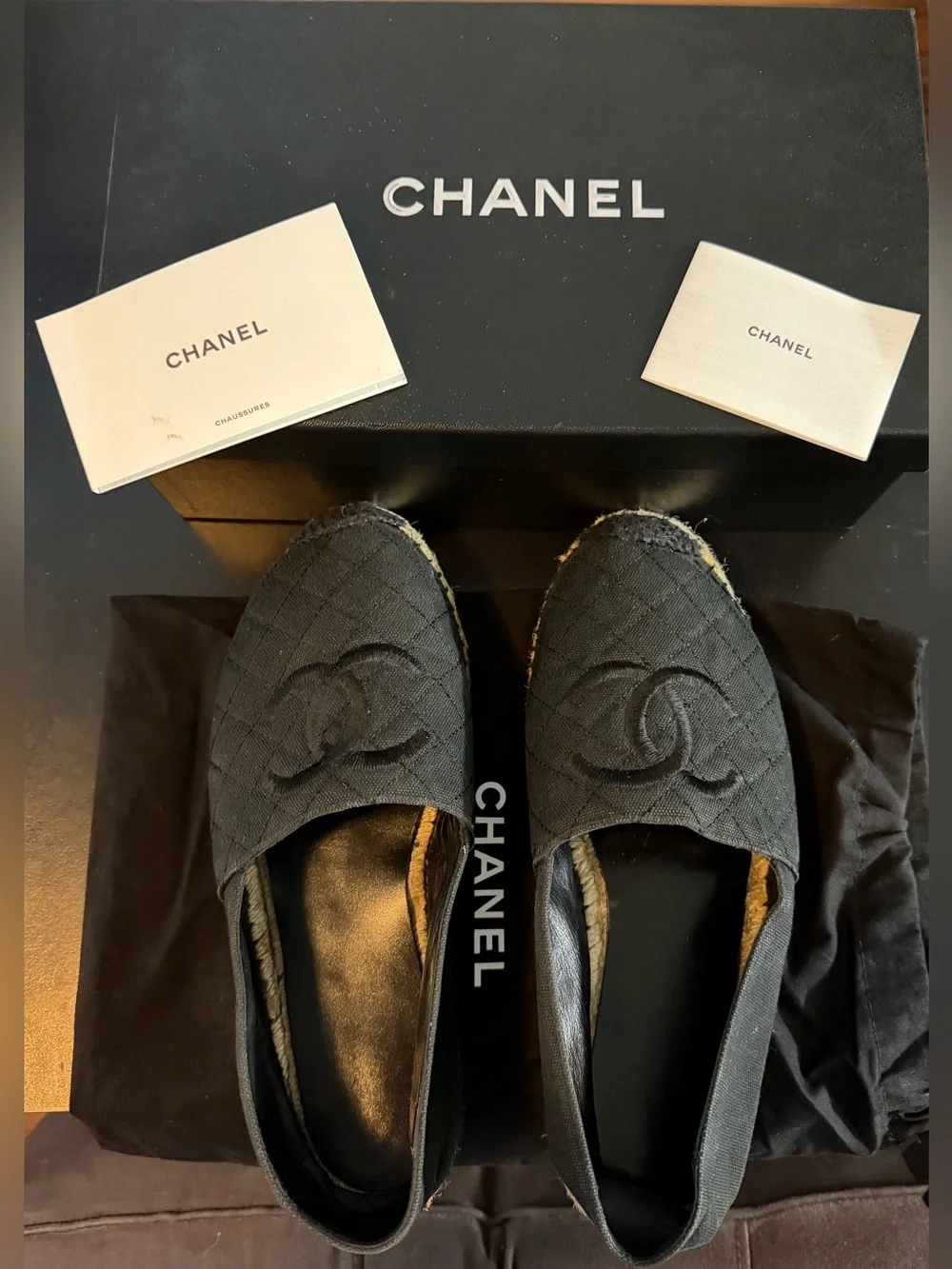 Authentic CHANEL Black Quilted Canvas Espadrilles with CC Motif